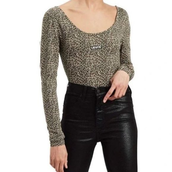 Levi’s Josie Leopard Print Long Sleeve Bodysuit Size M Animal Print - Picture 2 of 11
